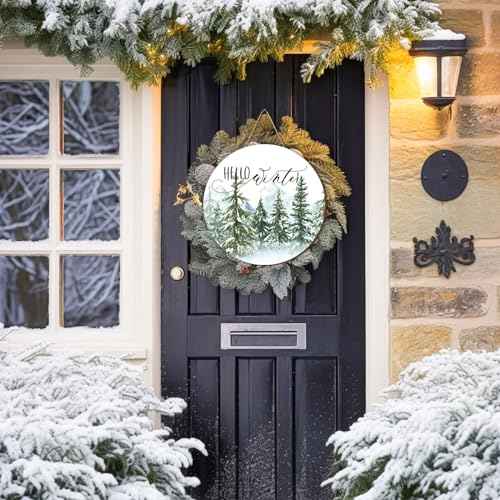 Whaline Christmas Hello Winter Wooden Hanging Sign Christmas Pine Trees Welcome Door Sign Xmas Winter Holiday Farmhouse Rustic Wreath Sign for Indoor Outdoor Home Wall Window Decor
