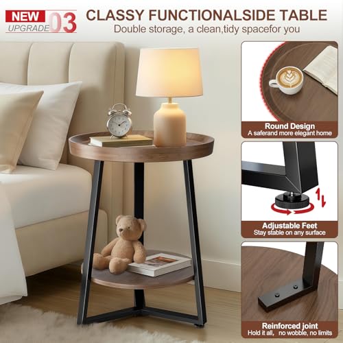 Walnut 2-Tier Round End Table with Storage Shelf, Child-Safe Tray Top, Modern Farmhouse Design, Small Space Couch Side Table