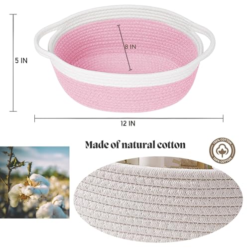 2 Pack Small Woven Storage Basket with Handles 12"x8"x5", Decorative Rope Bin for Home Organization, Shelf Storage,Cotton Rope Room Shelf Storage Basket with Handles