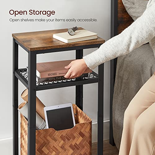 VASAGLE 3-Tier Side Table with Mesh Shelves and Rustic Finish