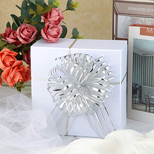 12 Pieces Large Pull Bow for Gift Wrapping Ribbon Pull Bows for Presents Wedding Baskets for Wrapping Boxes Flower Decorations(8 Inch,Silver)