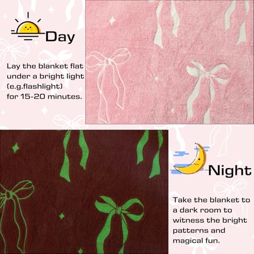 Pink Bow Blanket for Girls 50 x 60 Inch Glow in The Dark Throw Blanket Cute Bow Theme Flannel Plush Preppy Coquette Gifts Dorm Essentials for Christmas Thanksgiving Gift Decoration