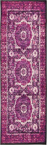 Unique Loom Imperial Collection Geometric, Traditional, Bright Colors, Border, Vintage, Distressed Area Rug, 3 ft x 9 ft 10 in, Fuchsia/Ivory