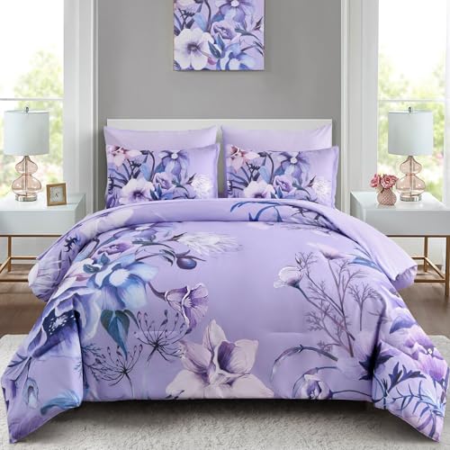 Queen Size Lavender Floral Comforter Set - 7 Piece Microfiber Bedding, All Season