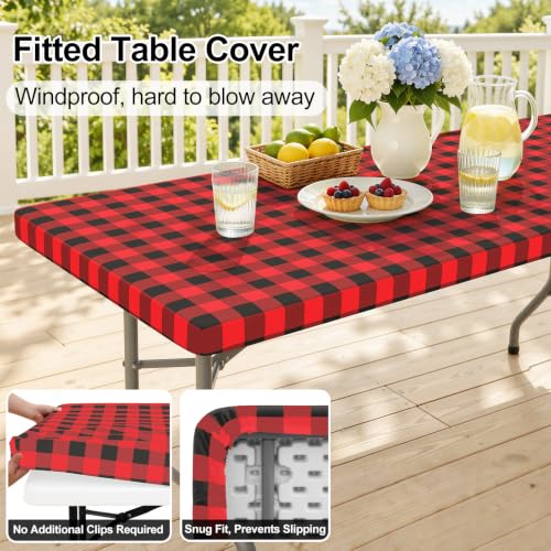 Smiry 72 x 42 inch Flannel-Backed Waterproof Vinyl Tablecloth - Red & Black Gingham, Elastic-Fit Fitted Table Cover