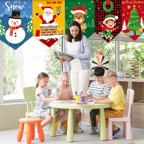 Breling 6 Pcs Christmas Kitchen Curtains Christmas Window Valance Curtain Decoration Xmas Rod Pocket Short Drapes Set for Classroom Living Room Bedroom Holiday Decor 36x24 in(Xmas Cartoon Character)