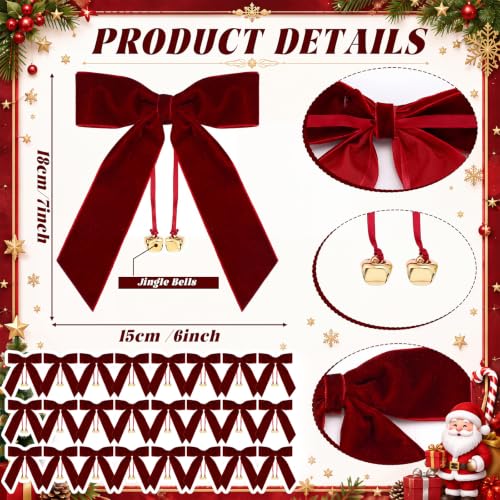 Wavyknot Burgundy Velvet Christmas Bows with Jingle Bells - 12 Pack