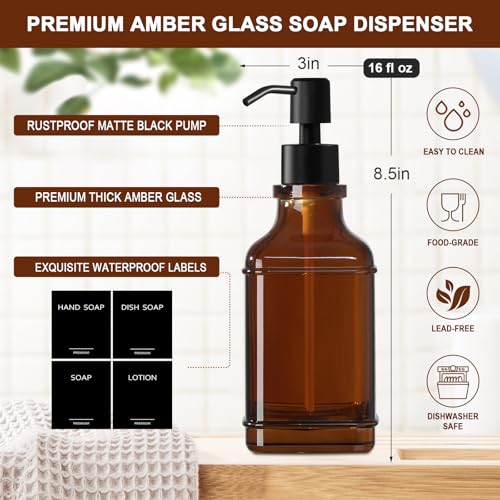 Amber Glass Soap Dispenser Set with Wooden Tray - Modern Kitchen & Bathroom Decor - Variation: Amber