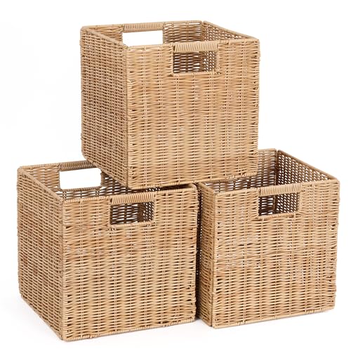 10.5 x in Plastic Wicker Baskets for Cube Storage, Collapsible Square
