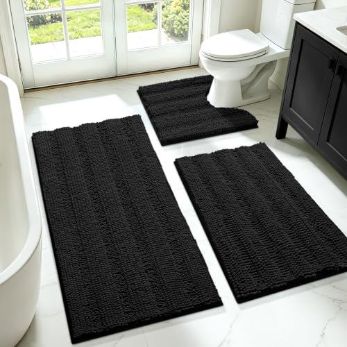 ACCUMTEK Striped Black Bathroom Rug Set 3 Pieces Ultra Soft, Non Slip