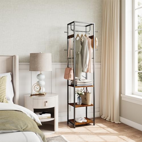 ELYKEN Rustic Brown Freestanding Coat Rack with Shelves & Hooks - Modern Hall Tree