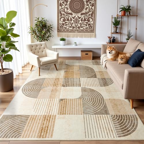 Beige 9' x 6' Washable Non-Slip Modern Area Rug for Living Room