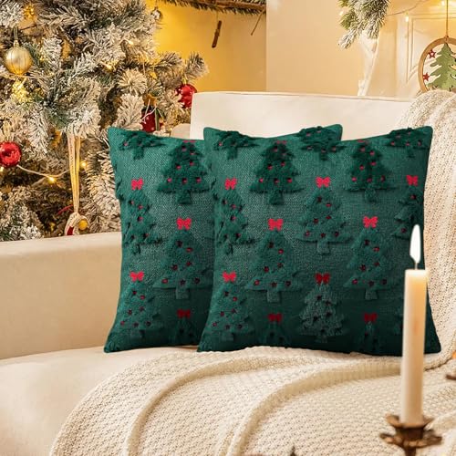Pyonic Christmas Pillow Covers 18x18 Inch Set of 2 Red Christmas Tree Embroidered Faux Fur Holiday Decor
