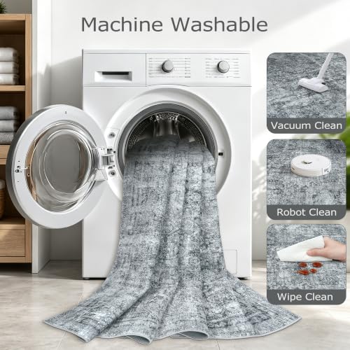 8x10 Black Grey Washable Area Rug - Soft Abstract Living Room Carpet - Non-Slip