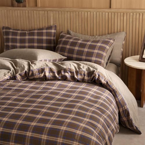 Vintage Brown & Blue Plaid Queen Duvet Cover Set - Reversible Cotton Muslin Bedding
