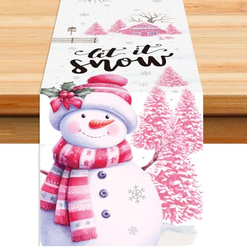 Pink Snowman Christmas Table Runner 13x72 Inch Holiday Decor for Dining