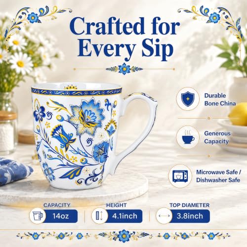 LanHong Blue Floral 14oz Bone China Coffee Mug with Handle - Daily Tea & Coffee Cup