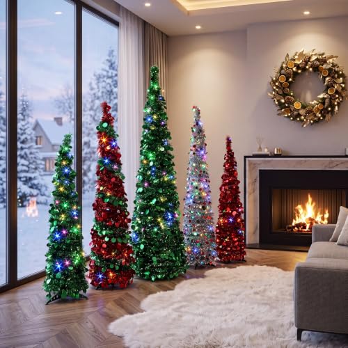 VioraWhite 5-Pcs Red & Green 4/5/6 ft Pop-Up Christmas Pencil Tree with 300 LED Lights
