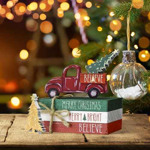 Smile Christmas Wooden Books Stack, Blieve Merry Bright Faux Books Bundle, Red Car Golden Trees Tiered Tray Decorations, for Home Table Mantle Shelf.