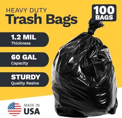 ToughBag 58x38 Black Heavy Duty Trash Bags 55-60 Gallon, 100 Count, 1.2 Mil