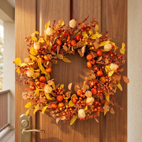 24-Inch Pumpkin Fall Wreath for Front Door - Autumn Harvest Decor - Pumpkin Variation
