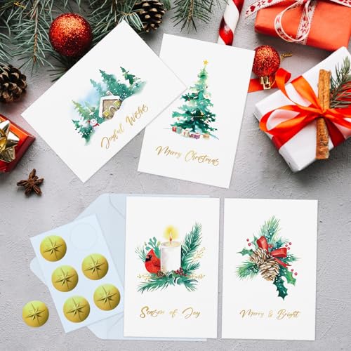 Flyab 24 Watercolor Christmas Cards Set with Gold Foil - Merry & Bright