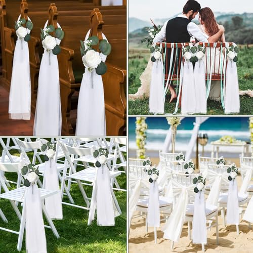 Wedding Aisle Decorations Set - White Flowers & Tulle for Ceremony