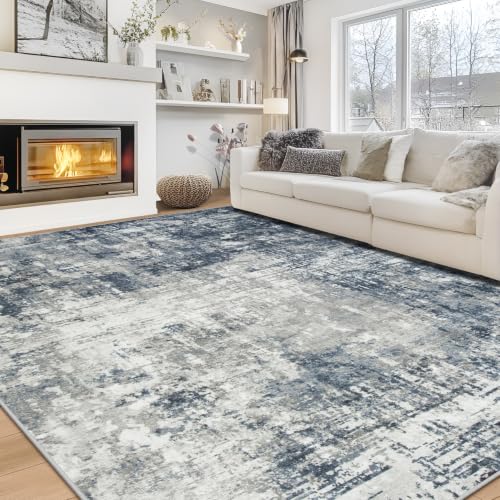Aelenmu 9x12 Blue Grey Washable Area Rug for Living Room & Bedroom
