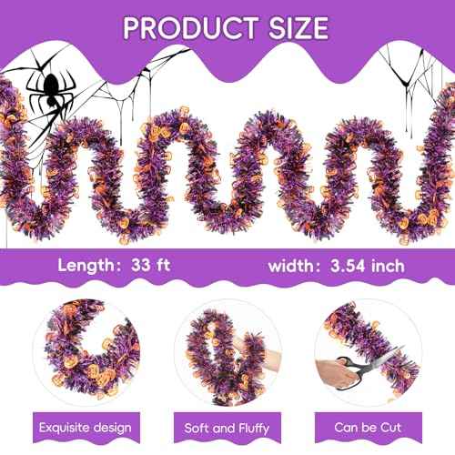 33FT Halloween Tinsel Garland, Black Orange Purple Metallic Twist Foil Tinsel Garland with Pumpkin Ornament Shiny Pumpkin Hanging Garland for Halloween Party Indoor Outdoor Decoration
