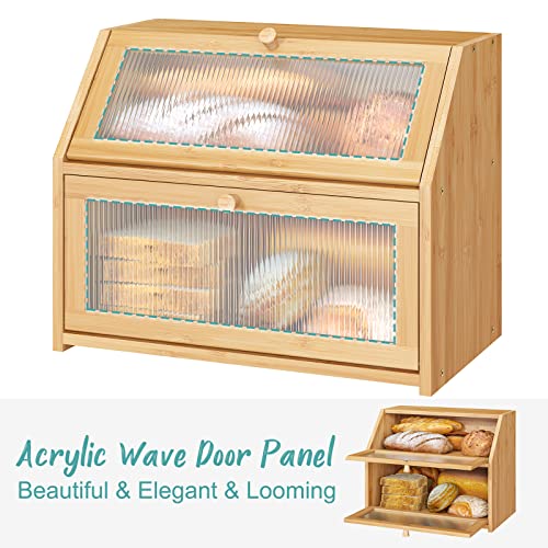 Vriccc Natural Large Bamboo Double Layer Bread Box – Kitchen Counter Storage
