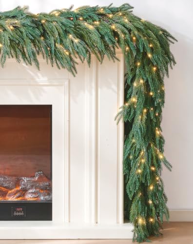 JOJOLEE 6ft Pre-Lit Norfolk Pine Garland with Timer - Real Touch Green Norfolk Garland, 1 Pack