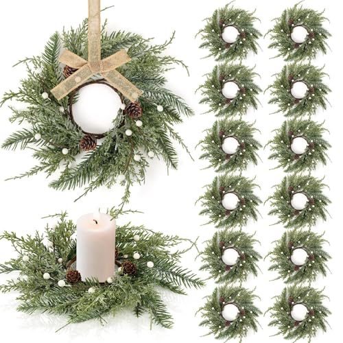 Farmhouse 12PCS Christmas Candle Ring Wreath Mini Pine Garland Frosted Cedar Pine Cones