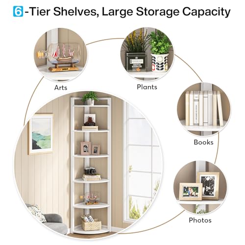 White Tribesigns 6-Tier Corner Shelf - Space-Saving Bookcase for Living Room & Home Office