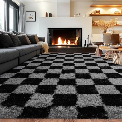 Rezutan Black Grey Checkered 8x10 Feet Soft Plush Shag Rug for Bedroom & Living Room