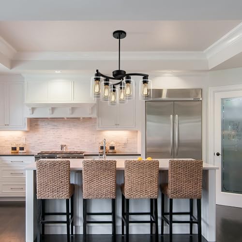 Black 6-Light Modern Farmhouse Pendant Chandelier - Adjustable Height Kitchen Lighting