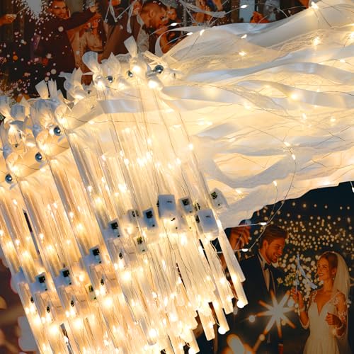 NURATIT 50 PCS Wedding Light Up Wands with Ribbons & Bells, Romantic Sparkle & 3 Light Modes