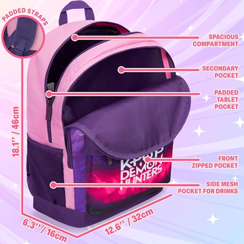 Get Trend KPop Demon Hunters Backpack for Girls - Purple/Pink, 18in Official Bookbag with Adjustable Padded Straps, Lightweight School & Travel Bag