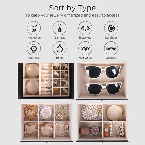 Large Jewelry Box for Women with Mirror and 3 Drawers - Black