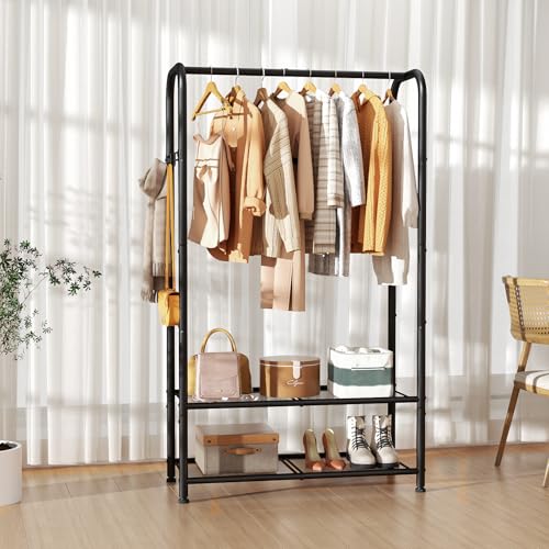 Standing Wardrobe Closet with Shelf and Hanging Rod - Black, 11.5D x 32W x 72H
