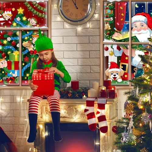 Preboun 2 Pcs Christmas Curtain Window Decoration Xmas Window Silhouette Snowflake Cover Christmas Poster for Indoor Outdoor Holiday Party Wall Garage Door Decor(Santa Claus and Elf Tree)