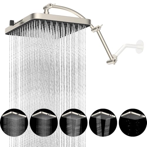 Square 13-Inch High Pressure Rain Shower Head with 5 Spray Modes & 16-Inch Arm - Brushed Nickel