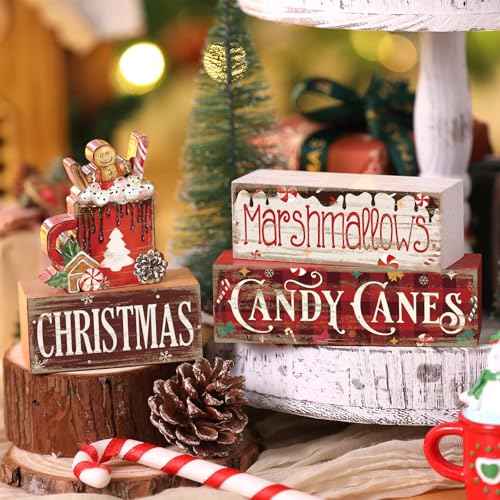 4 Pcs Christmas Hot Cocoa Table Decor Christmas Wooden Decorative Signage Hot Cocoa Tiered Tray Decor Xmas Centerpieces Farmhouse Wooden Block Set Xmas Table Sign for Home