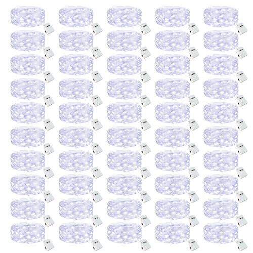 btfarm 50 Pack Fairy Lights Battery Operated 3 Modes 7ft Silver Wire Cool White