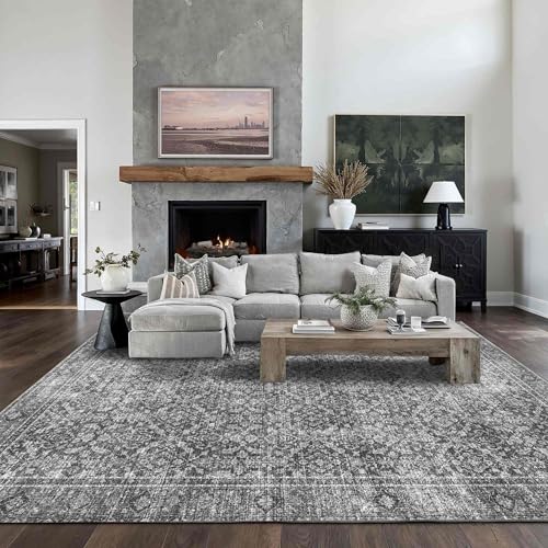 Grey 8x10 Washable Non-Slip Vintage Floral Area Rug for Living & Bedroom