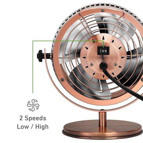 Heritage 6-Inch Table Fan with 2 Speeds, Adjustable 145° Tilt, Metal Finish – Brushed Copper