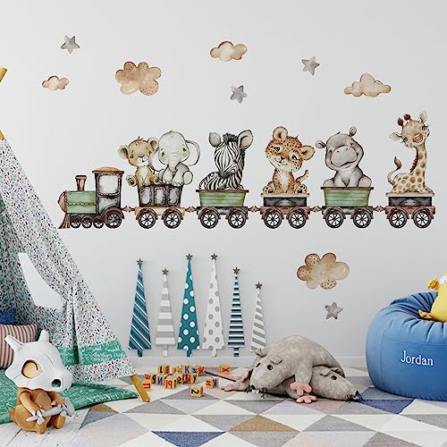 Yovkky Baby Safari Animals Train Wall Decals Stickers, African Jungle Elephant Zebra Giraffe Hippo Lion Leopard Cheetah Neutral Nursery Toddler Decor, Kids Room Home Decorations Bedroom Playroom Art