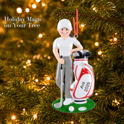 Female Golfer Christmas Tree Ornament 2026 with White Golf Bag and