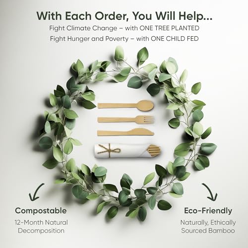 Set of 100 EcoPreps Bamboo Cutlery and Napkin Set - Biodegradable Party Pack