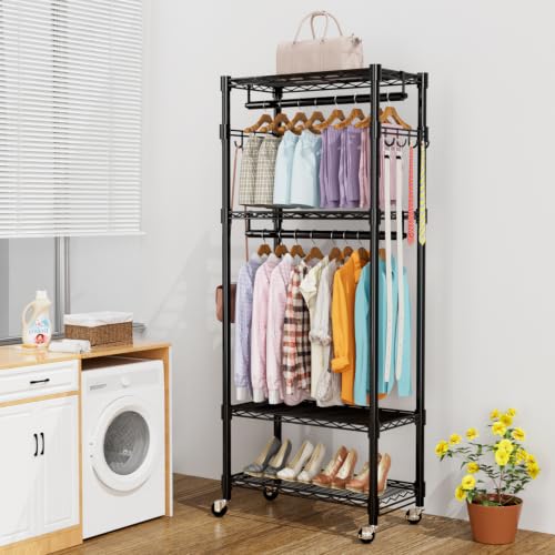 Adjustable Clothes Rack with 4 Tiers, Side Hooks, and Drawer - Black, 23" L x 13.18" W x 78.74" H