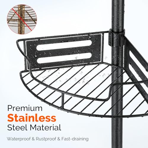 HAMITOR Corner Shower Caddy Tension Pole - 4 Tier Rustproof Organizer Black - Variation A